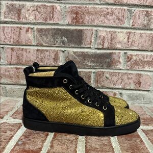 Mens Christian Louboutin Louis Strass gold & black High-Top Sneakers size 40 1/2